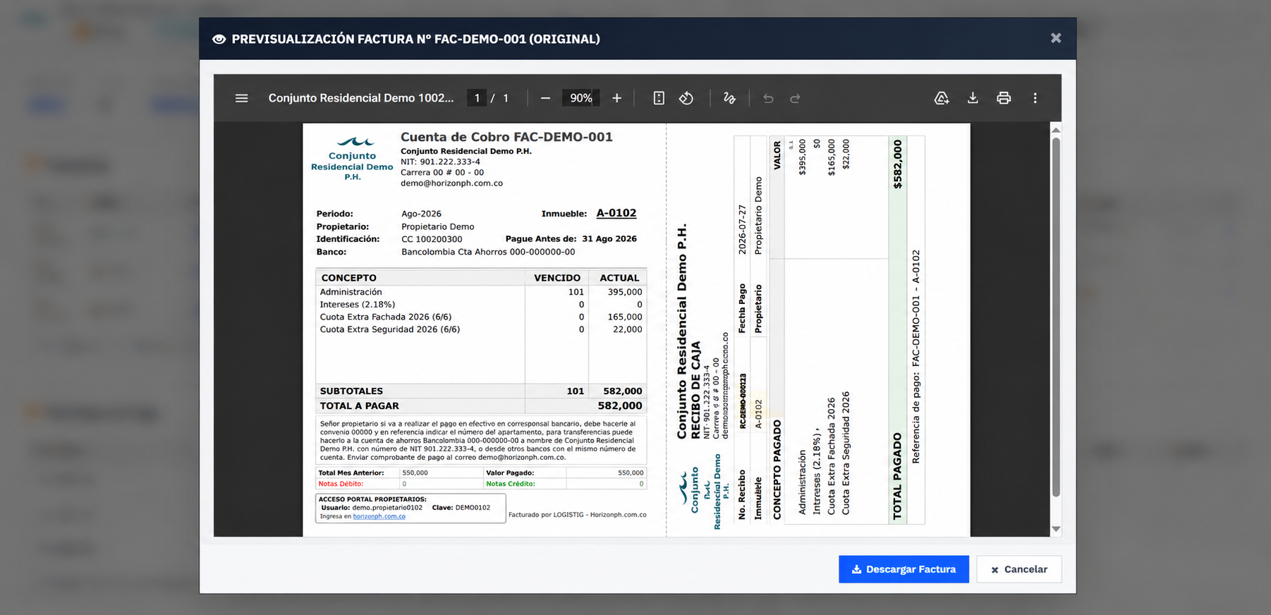 Captura del módulo: Plantillas de Facturas y Cuentas de Cobro en Horizon